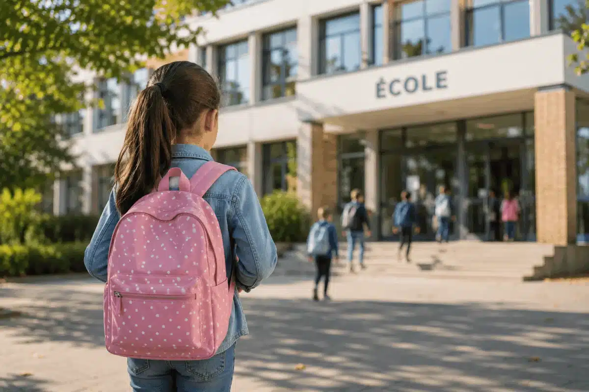 Écolière avec un cartable rose devant l’entrée de son école